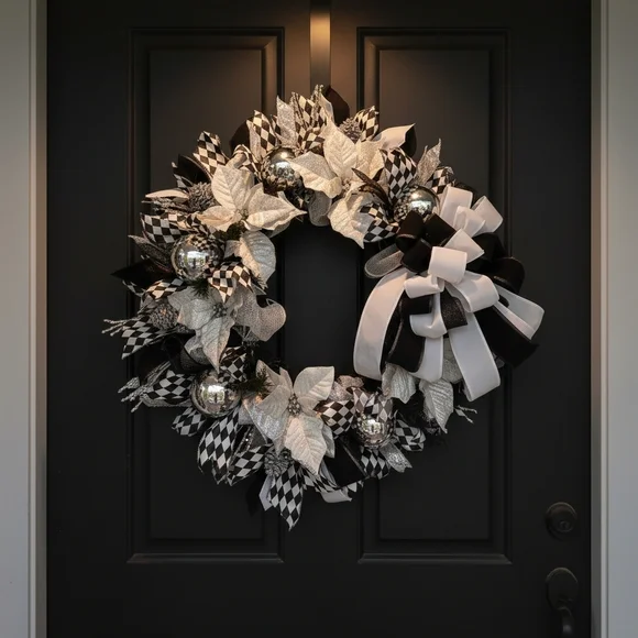 Hand Crafted Black and White Holiday Wreath - Picture 2 of 3